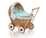 WickerDollPushchairWithMintBeddingAndSoftPaddingNatural