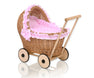 WickerDollPushchairWithPinkBeddingAndSoftPaddingNatural