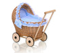 WickerDollPushchairWithBlueBeddingAndSoftPaddingNatural