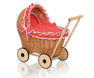 WickerDollPushchairWithRedBeddingAndSoftPaddingNatural
