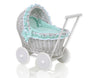 WickerDollPushchairGreyWithMintBeddingAndSoftPadding