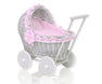 WickerDollPushchairGreyWithPinkBeddingAndSoftPadding