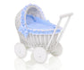 WickerDollPushchairWhiteWithBlueBeddingAndSoftPadding