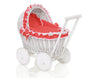 WickerDollPushchairWhiteWithRedBeddingAndSoftPadding
