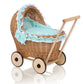 WickerDollPushchairWithMintBeddingAndSoftPaddingNatural
