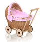 WickerDollPushchairWithPinkBeddingAndSoftPaddingNatural