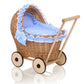 WickerDollPushchairWithBlueBeddingAndSoftPaddingNatural