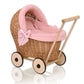 WickerDollPushchairWithPastelPinkBeddingAndSoftPaddingNatural
