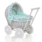 WickerDollPushchairGreyWithMintBeddingAndSoftPadding